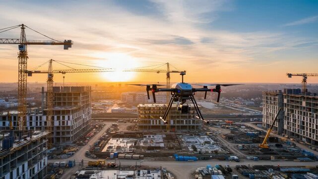 drone with camera flies over vast construction site at sunset showcasing multiple towering cranes unfinished concrete buildings abundant construction materials and distant cityscapes