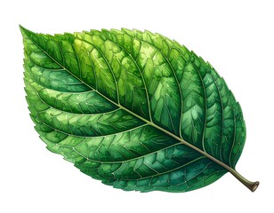 Isolated, detailed illustration of a vibrant green leaf with intricate veins