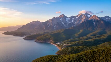 Panoramic view of serene coastal bay at sunrise/sunset with small boats afloat quaint village nestled within verdant forested hills backed by majestic snow-dusted peaks