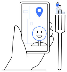 Hand holding smartphone with smiling avatar and map pin, user on stacked blocks. Ideal for digital connectivity, geolocation, technology, user interaction, navigation tools, social networking, simple