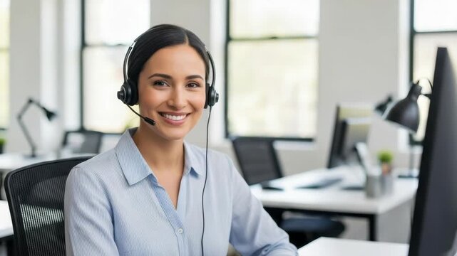 friendly smiling woman with dark hair and headset wearing light blue striped shirt sits at desk in modern office She looks directly at the viewer radiating approachability Blurred office setting