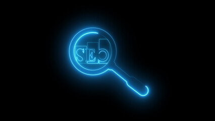Neon magnifying glass with SEO bar chart icon animation, digital analytics symbol, search optimization, marketing data insight