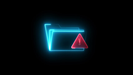 Neon folder warning icon on black background, digital error alert symbol, cybersecurity risk, data storage issue, computer system danger sign