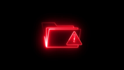 Neon folder warning icon on black background, digital error alert symbol, cybersecurity risk, data storage issue, computer system danger sign