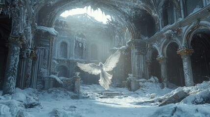 Ethereal Angelic Figure Amidst Grand Snow-Covered Ruins, a Mystical Winter Scene with Ornate Icy Architecture and Dramatic Lighting