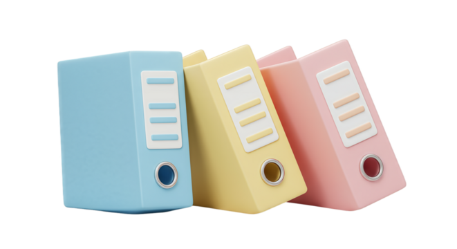 Pastel Ring Binders: Blue, Yellow, & Pink File Folders for Office Organization, Cute 3D Rendered Stationery for Documents & Paperwork Storage Isolated on White Background, PNG