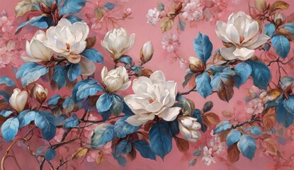 A detailed floral still life painting depicts a profusion of magnolia blossoms and delicate pink blossoms against a soft pink backdrop, highlighted by rich blue leaves.