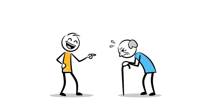 A young person laughing at an old person who is struggling to walk with a cane.