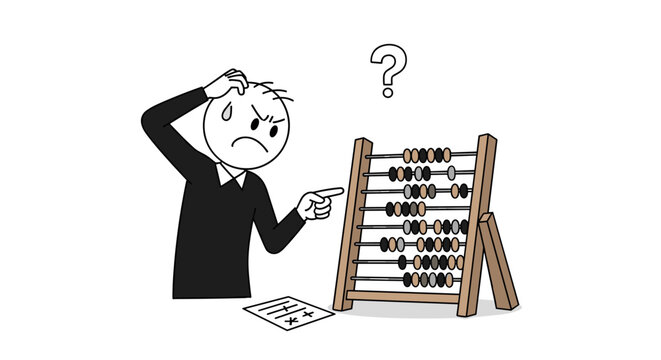 Confused stick figure struggling with an abacus and math calculations.