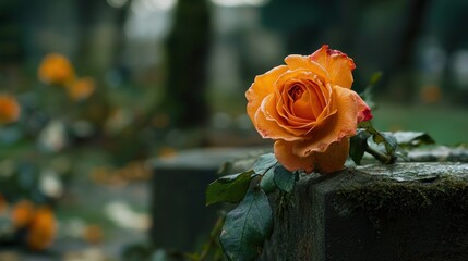 Vibrant Rose Resting on Mossy Stone in a Tranquil Garden, Emphasizing Natural Beauty and Serenity