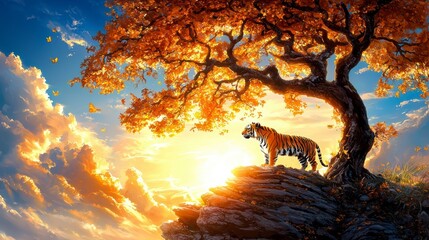 Majestic tiger gazing at sunset serene nature scene vibrant sky tranquil environment artistic perspective