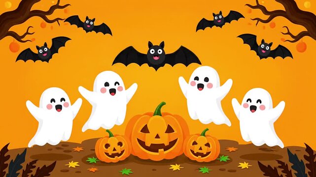 Cartoon Ghosts Dancing Around Jack-o-Lanterns in Autumnal Forest Setting at Dusk