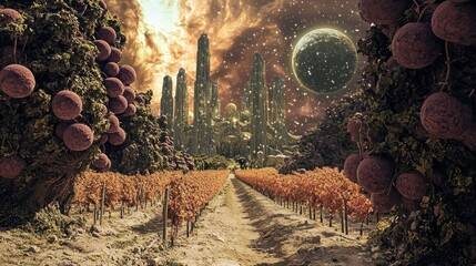 Surreal Sci-Fi Fantasy Landscape with Futuristic Glowing City, Alien Vineyard, and Cosmic Sky with Distant Planet.