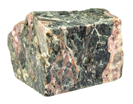 Rough specimen of eclogite metamorphic rock isolated on white.