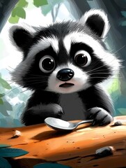 Curious raccoon with spoon in forest animal illustration playful mood nature background close-up view