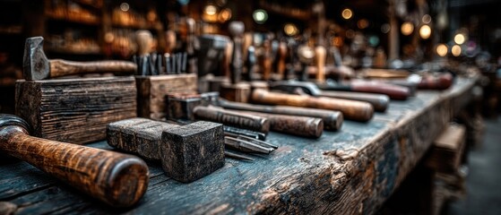 Aged, rustic woodworking tools on a weathered workbench