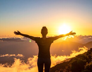 Fototapeta premium A powerful silhouette with outstretched arms stands on a mountaintop, embracing the golden sunrise and vast sky, symbolizing freedom, hope, and a spiritual connection to nature's beauty