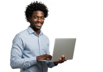 Young black man with headphones working on laptop smiling and engaged transparent background