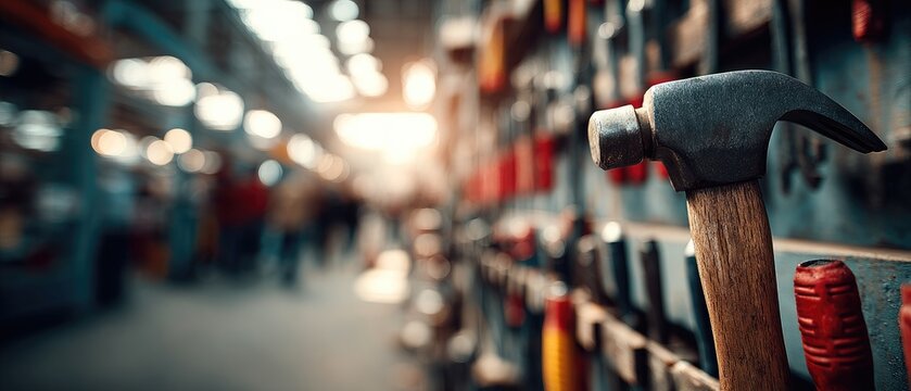 A hammer hangs on a wall filled with tools in a blurred warehouse