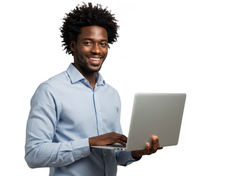 Young black man with headphones working on laptop smiling and engaged transparent background