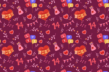 Valentines Day pattern with hearts balloons and flowers