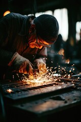 Focused metalworker wielding arc welder, sparks flying