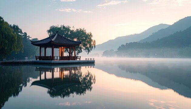 Scenic Wooden Temple on Lake with Reflection in Soft Warm Light Peaceful Morning Landscape and Mountains Silhouette With Mistical Foggy Background