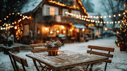 Snowy winter scene with cozy cafe