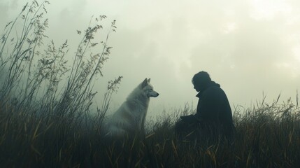 A serene and mysterious moment shared between a silhouetted and a white wolf, sitting amongst tall grass in a misty, ethereal landscape under a hazy sky.