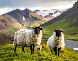 Icelandic Sheep in Mountainous Landscape.