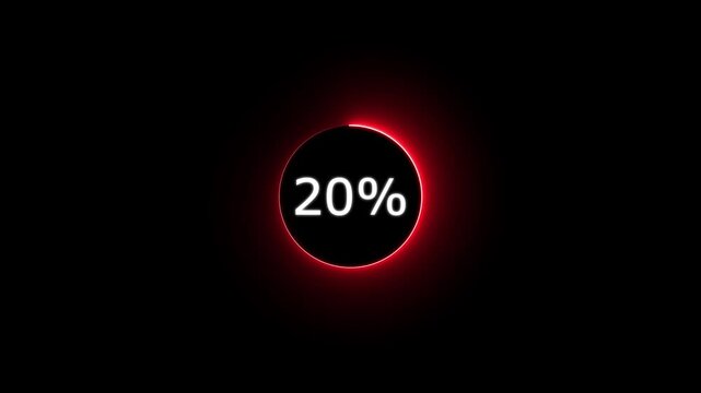 Abstract glowing neon circle loading bar animation on black background .  Neon circle in charging percent icon. futuristic technology concept on animation video.. 20%  charge available right now .4K 