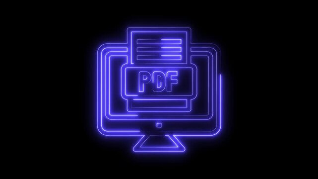 Glowing neon pdf icon displayed on computer screen against dark background