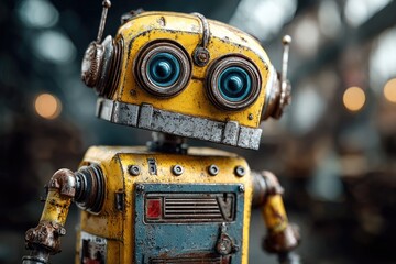 Rusty yellow robot head close-up