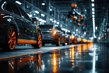 Cars on an assembly line in a factory