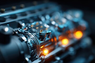 Close-up of a detailed engine, highlighting metal parts and illuminated components
