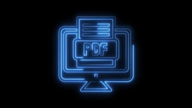 Animated blue neon pdf icon on computer screen glowing seamless loop
