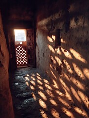 Sun-drenched passageway in ancient structure