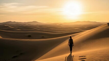 lone figure traverses vast golden sand dunes during stunning sunset casting long shadow on the rippled terrain The expansive desert panorama features distant layered mountains and warm glowing skies - Powered by Adobe