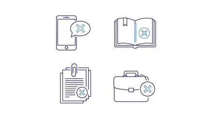 Vector illustration of set of four line art icons representing communication and work tasks with a cross symbol