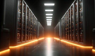 Dark server room, illuminated path