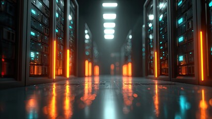 Server room hallway lit by glowing orange/blue accents