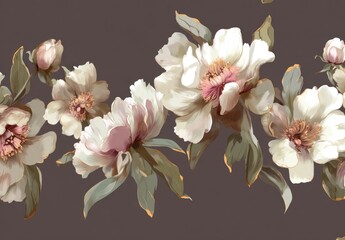 A decorative floral design features a series of large, detailed peonies in soft cream and muted pinks, set against a dark taupe background.