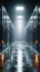 Dark server room hallway, sleek metal racks
