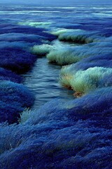 Tranquil blue stream through grassy plains