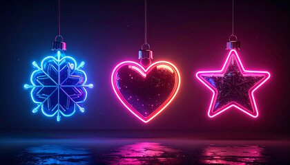 Neon Christmas ornaments: snowflake, heart, and star hanging against a dark background.