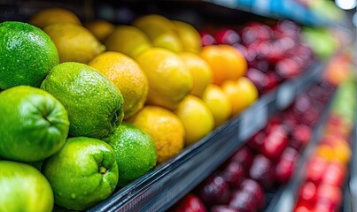 Fresh produce, vibrant citrus and berries on supermarket shelves