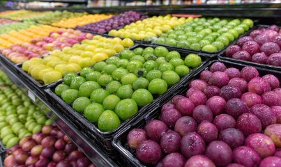Grocery store produce section displays colorful fruits and vegetables in plastic trays