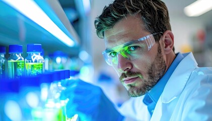 Scientist Analyzing Sample Through Microscope in Sterile Laboratory with Blue Lighting and Protective Eyewear Wearing White Coat and Gloves