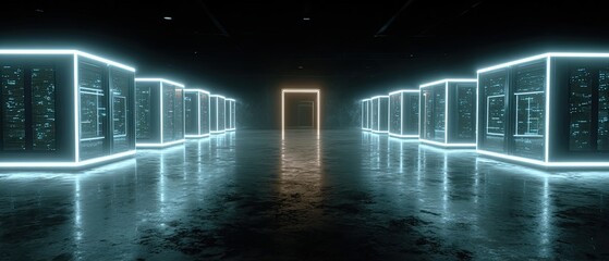 Futuristic server room with glowing neon light