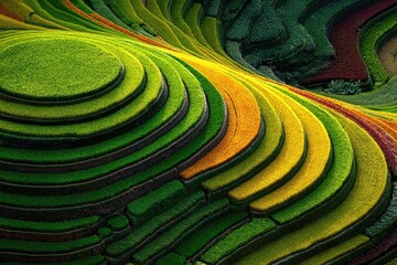 Terraced rice paddies, vibrant colors, swirling hills